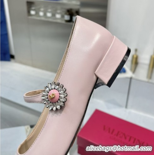 Best Price Valentino Preshoes Mary-Janes Ballerinas Flats in Calf Leather with Jeweled Button Light Pink 0225105