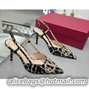 Low Cost Valentino Vlogo Slingback Pumps 8cm in Leopard Print Leather Grey VLTN02253