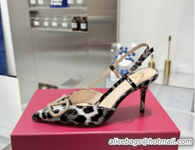Low Cost Valentino Vlogo Slingback Pumps 8cm in Leopard Print Leather Grey VLTN02253