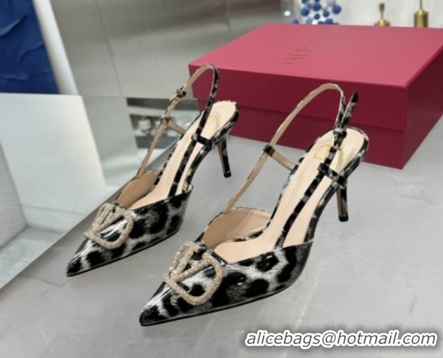 Low Cost Valentino Vlogo Slingback Pumps 8cm in Leopard Print Leather Grey VLTN02253