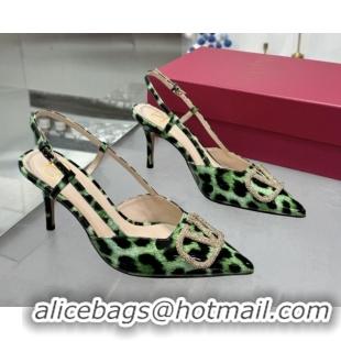 Lowest Cost Valentino Vlogo Slingback Pumps 8cm in Leopard Print Leather Green VLTN02253