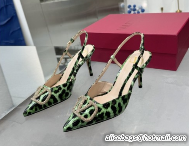 Lowest Cost Valentino Vlogo Slingback Pumps 8cm in Leopard Print Leather Green VLTN02253