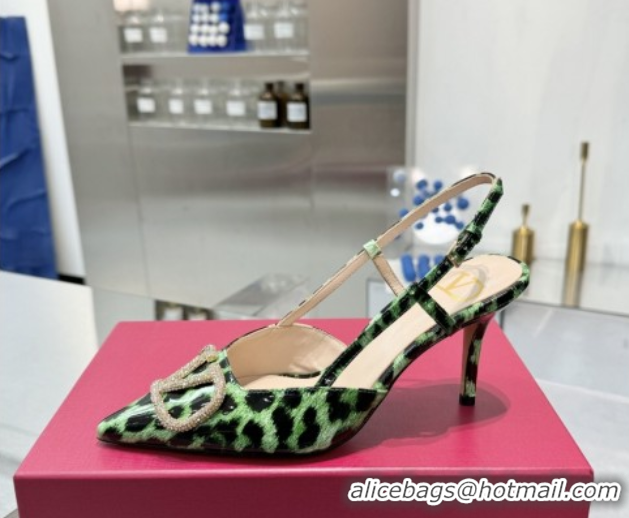 Lowest Cost Valentino Vlogo Slingback Pumps 8cm in Leopard Print Leather Green VLTN02253
