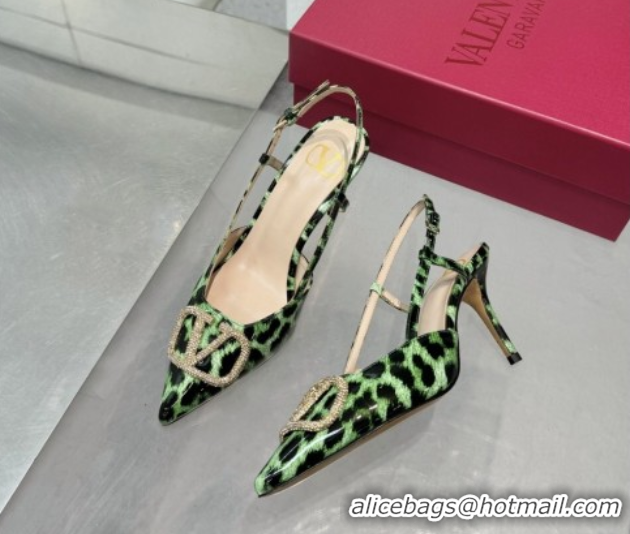 Lowest Cost Valentino Vlogo Slingback Pumps 8cm in Leopard Print Leather Green VLTN02253