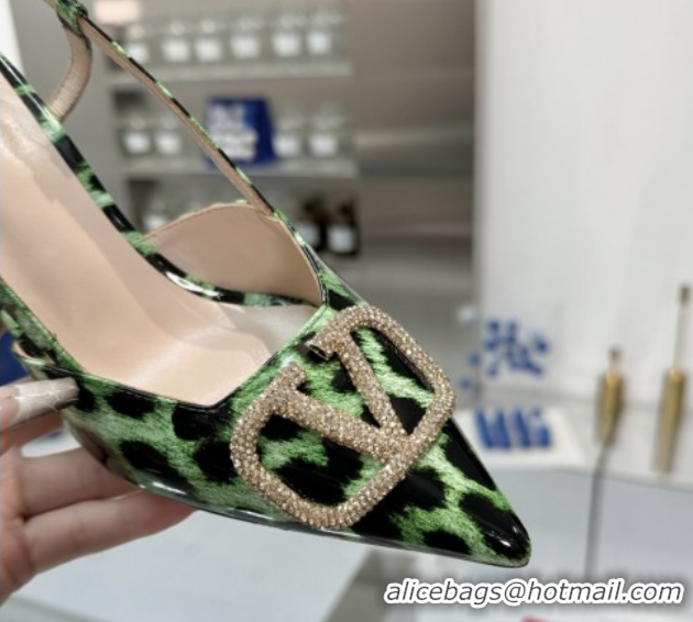 Lowest Cost Valentino Vlogo Slingback Pumps 8cm in Leopard Print Leather Green VLTN02253