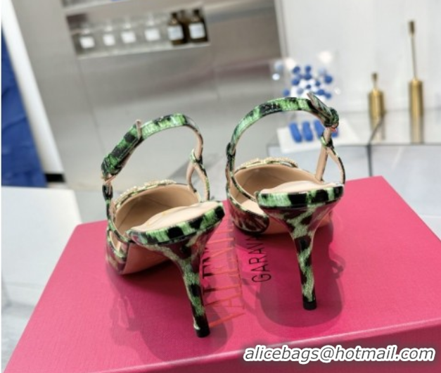 Lowest Cost Valentino Vlogo Slingback Pumps 8cm in Leopard Print Leather Green VLTN02253