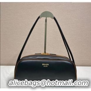 Buy Fashionable Prada Swing smooth leather shoulder bag 1BC249 Black/Hazelnut 2025