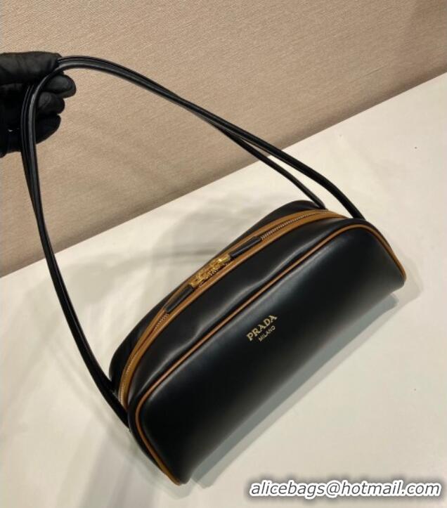 Buy Fashionable Prada Swing smooth leather shoulder bag 1BC249 Black/Hazelnut 2025