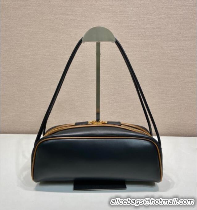 Buy Fashionable Prada Swing smooth leather shoulder bag 1BC249 Black/Hazelnut 2025