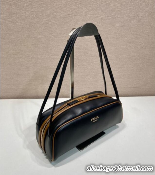 Buy Fashionable Prada Swing smooth leather shoulder bag 1BC249 Black/Hazelnut 2025