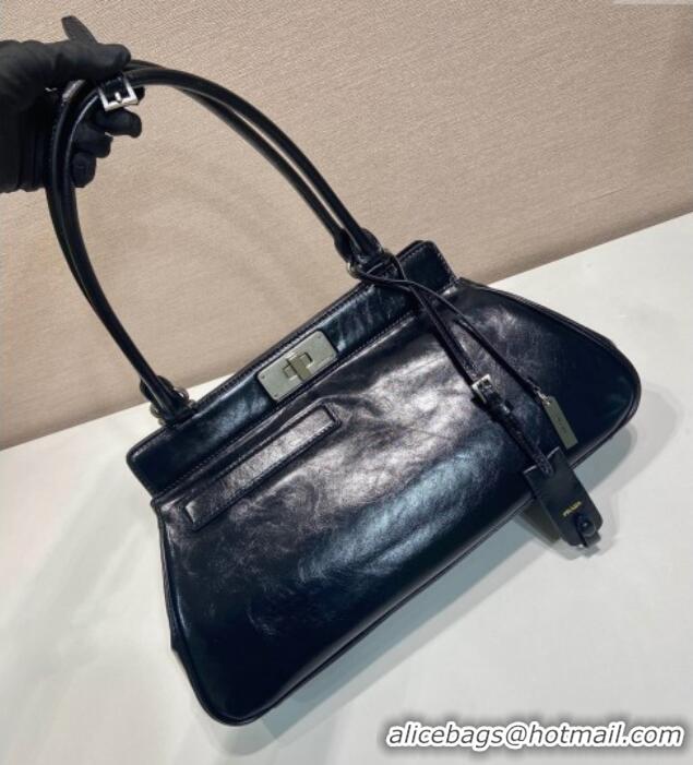 Top Design Prada Medium oil leather tote bag 1BG569 Black 2025