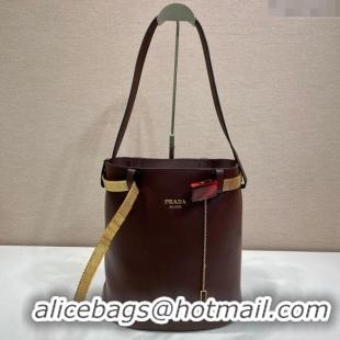 Top Grade Prada Buckle leather bucket bag with jeweled belt 1BE085 Briarwood Brown 2025
