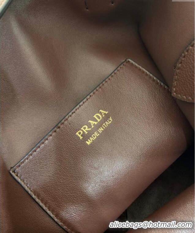Top Grade Prada Buckle leather bucket bag with jeweled belt 1BE085 Briarwood Brown 2025
