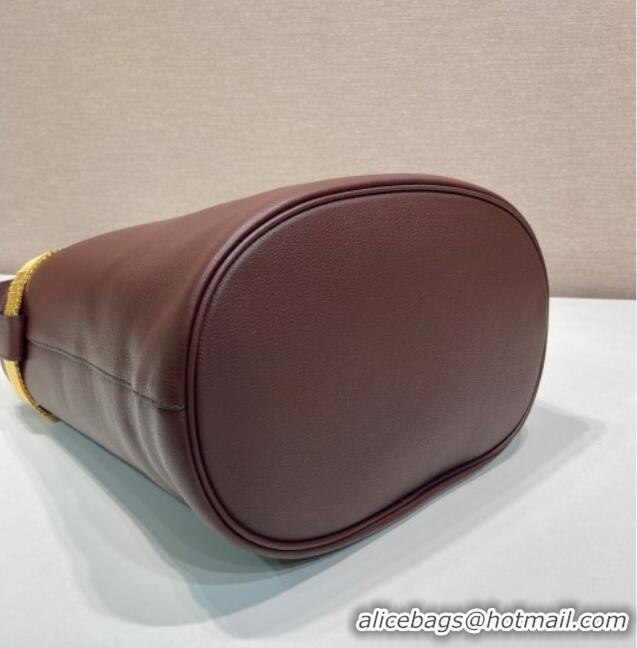 Top Grade Prada Buckle leather bucket bag with jeweled belt 1BE085 Briarwood Brown 2025