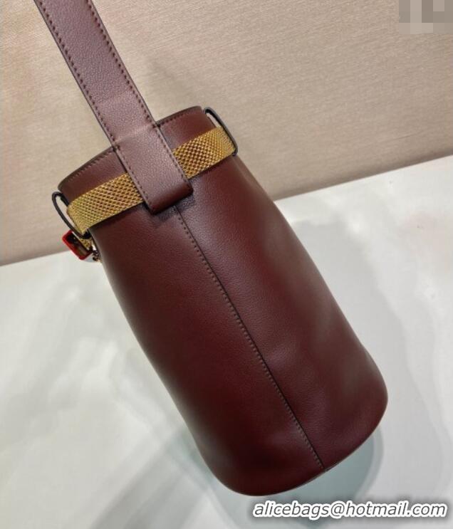 Top Grade Prada Buckle leather bucket bag with jeweled belt 1BE085 Briarwood Brown 2025
