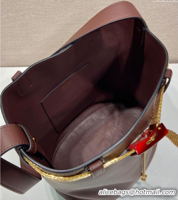 Top Grade Prada Buckle leather bucket bag with jeweled belt 1BE085 Briarwood Brown 2025