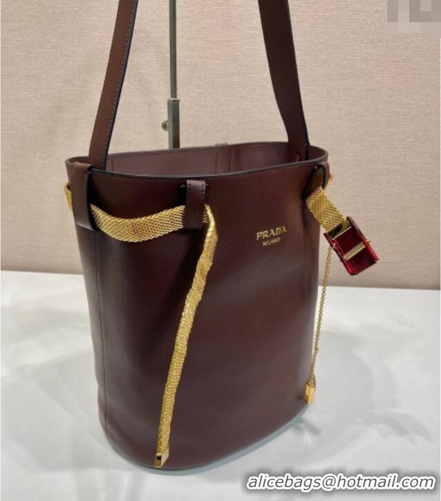 Top Grade Prada Buckle leather bucket bag with jeweled belt 1BE085 Briarwood Brown 2025