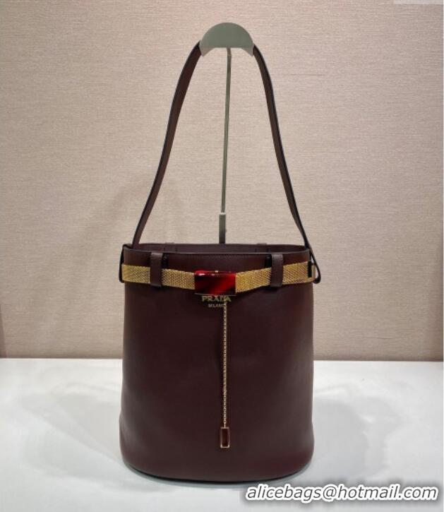 Top Grade Prada Buckle leather bucket bag with jeweled belt 1BE085 Briarwood Brown 2025
