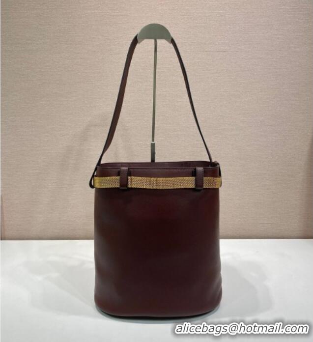 Top Grade Prada Buckle leather bucket bag with jeweled belt 1BE085 Briarwood Brown 2025