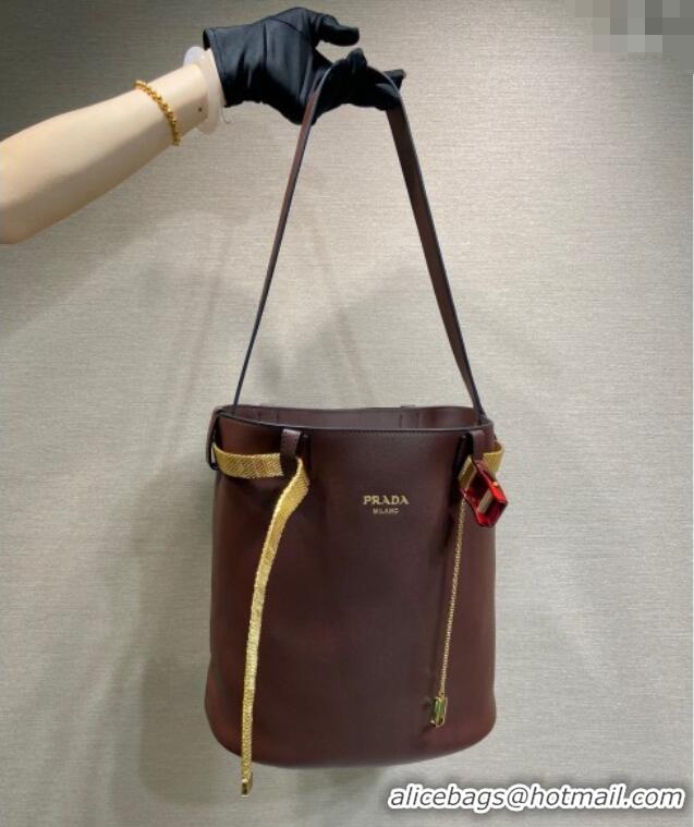 Top Grade Prada Buckle leather bucket bag with jeweled belt 1BE085 Briarwood Brown 2025