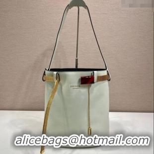 Super Quality Prada Buckle leather bucket bag with jeweled belt 1BE085 White 2025