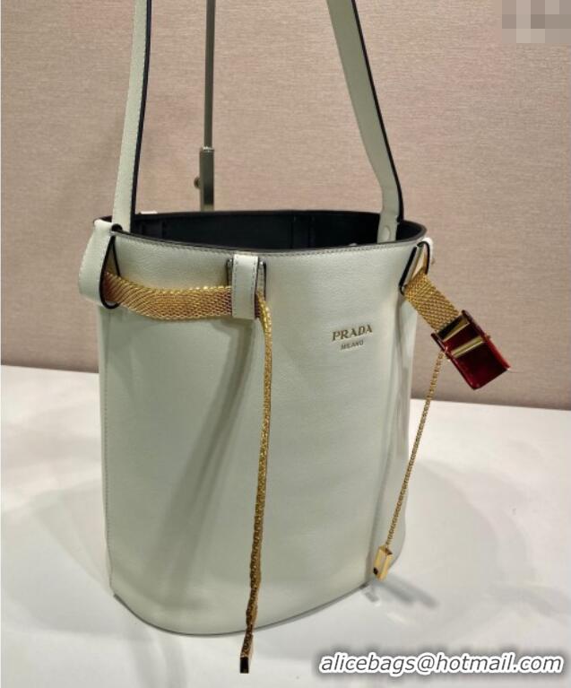 Super Quality Prada Buckle leather bucket bag with jeweled belt 1BE085 White 2025