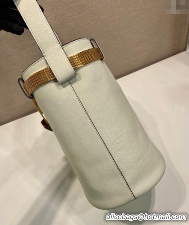 Super Quality Prada Buckle leather bucket bag with jeweled belt 1BE085 White 2025