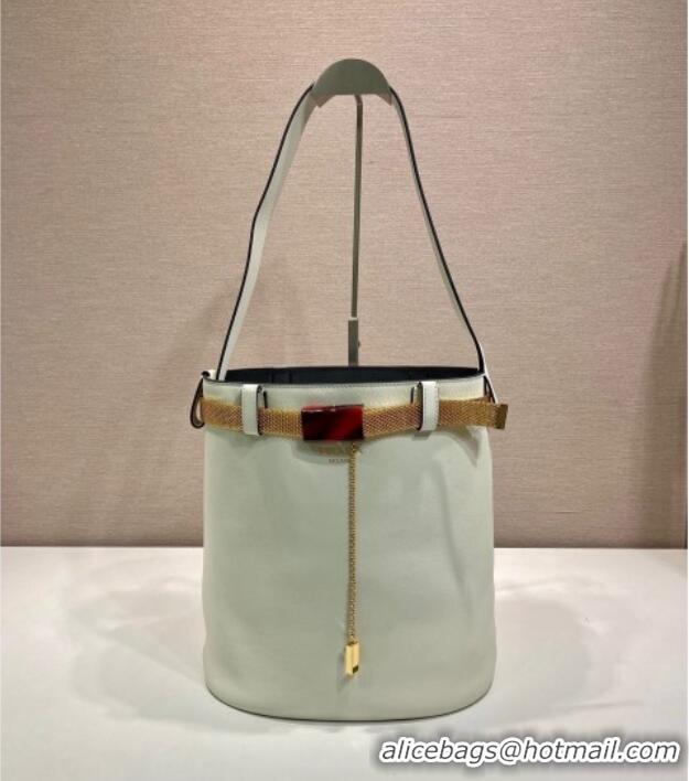 Super Quality Prada Buckle leather bucket bag with jeweled belt 1BE085 White 2025
