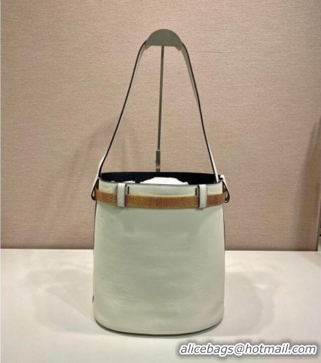 Super Quality Prada Buckle leather bucket bag with jeweled belt 1BE085 White 2025
