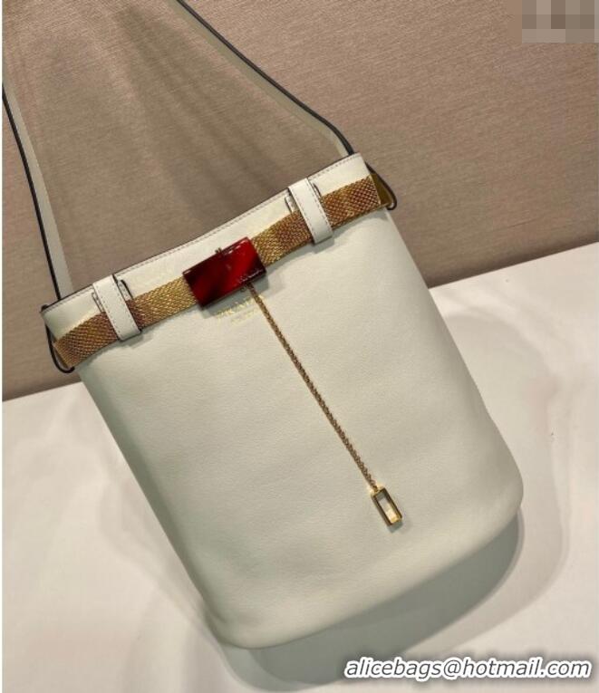 Super Quality Prada Buckle leather bucket bag with jeweled belt 1BE085 White 2025
