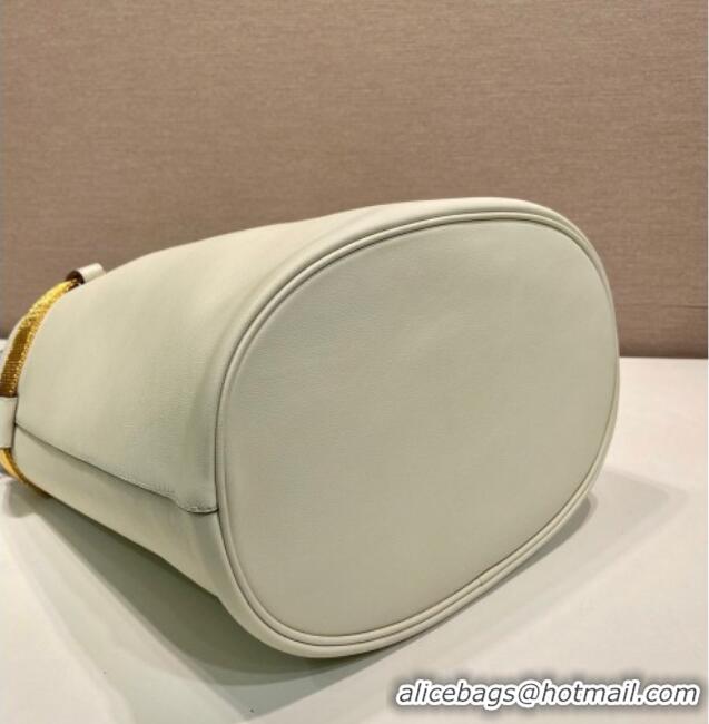 Super Quality Prada Buckle leather bucket bag with jeweled belt 1BE085 White 2025