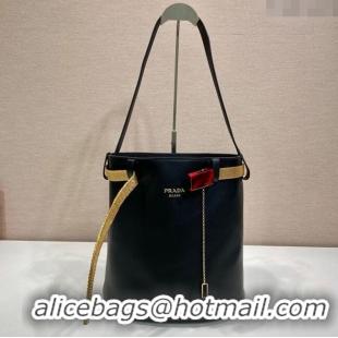 Well Crafted Prada Buckle leather bucket bag with jeweled belt 1BE085 Black 2025