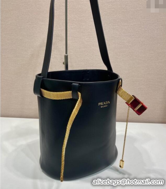 Well Crafted Prada Buckle leather bucket bag with jeweled belt 1BE085 Black 2025