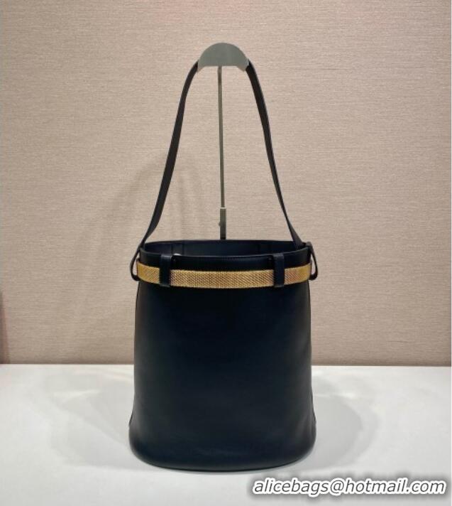 Well Crafted Prada Buckle leather bucket bag with jeweled belt 1BE085 Black 2025