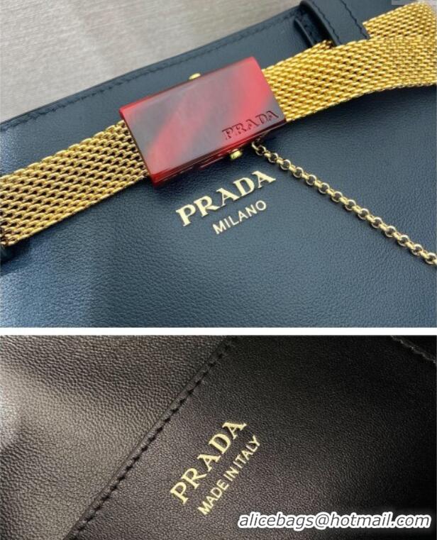 Well Crafted Prada Buckle leather bucket bag with jeweled belt 1BE085 Black 2025