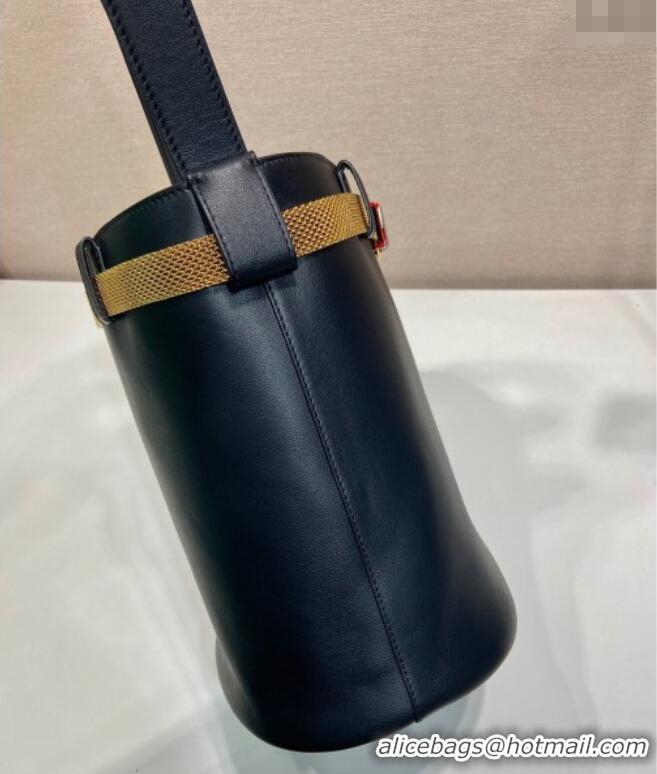 Well Crafted Prada Buckle leather bucket bag with jeweled belt 1BE085 Black 2025