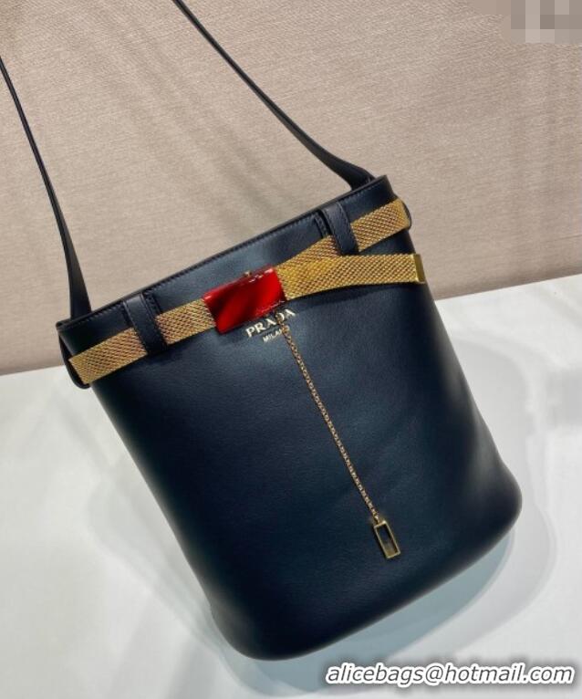 Well Crafted Prada Buckle leather bucket bag with jeweled belt 1BE085 Black 2025