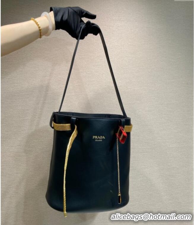 Well Crafted Prada Buckle leather bucket bag with jeweled belt 1BE085 Black 2025
