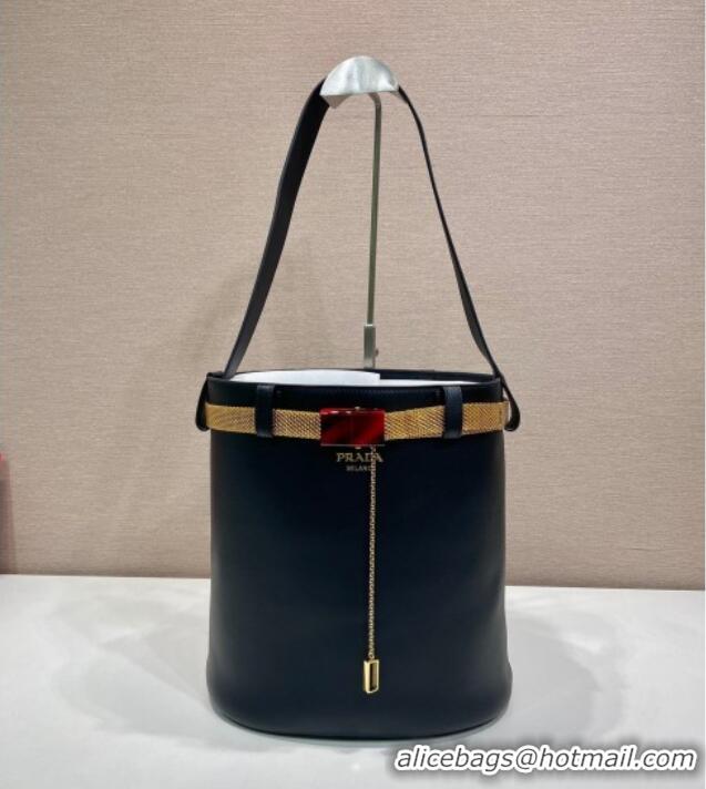 Well Crafted Prada Buckle leather bucket bag with jeweled belt 1BE085 Black 2025