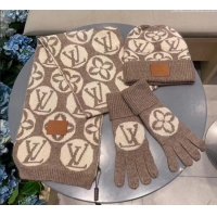 Top Quality Louis Vuitton Knit Scarf, Hat and Gloves Set 1129 Khaki 2024