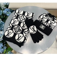 New Style Cheap Louis Vuitton Knit Scarf, Hat and Gloves Set 1129 Black 2024