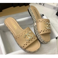 Good Product Chanel Cutout Calfskin Flat Slides Sandal Beige 2025 CH041611