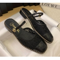 Stylish Chanel Lace & Calfskin Flat Mules Black 2025 CH041612