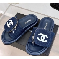 Best Grade Chanel Denim Pillow Slides Sandal with Zip Pouch Navy Blue 2025 CH041614