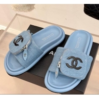 Pretty Style Chanel Denim Pillow Slides Sandal with Zip Pouch Light Blue 2025 CH041614