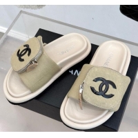Top Grade Chanel Canvas Pillow Slides Sandal with Zip Pouch Beige 2025 CH041614
