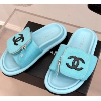 Unique Style Chanel Canvas Pillow Slides Sandal with Zip Pouch Light Blue 2025 CH041614