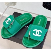 Top Design Chanel Canvas Pillow Slides Sandal with Zip Pouch Green 2025 CH041614