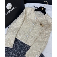 ​Best Quality Chanel Tweed, Mesh and Sequins Jacket 0411 Beige 2025