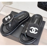 Stylish Chanel Canvas Pillow Slides Sandal with Zip Pouch Black 2025 CH041614